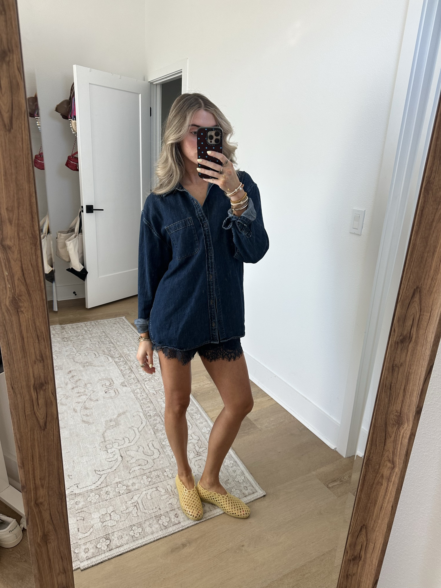 @vestique springtime shorts size XS in navy. Love the lace trim on the satin fabric. Abercrombie denim button down top size medium. Steve Madden yellow jelly flats. @Steve Madden US @abercrombie 

#LTKootd #LTKgrwm #LTKSeasonal