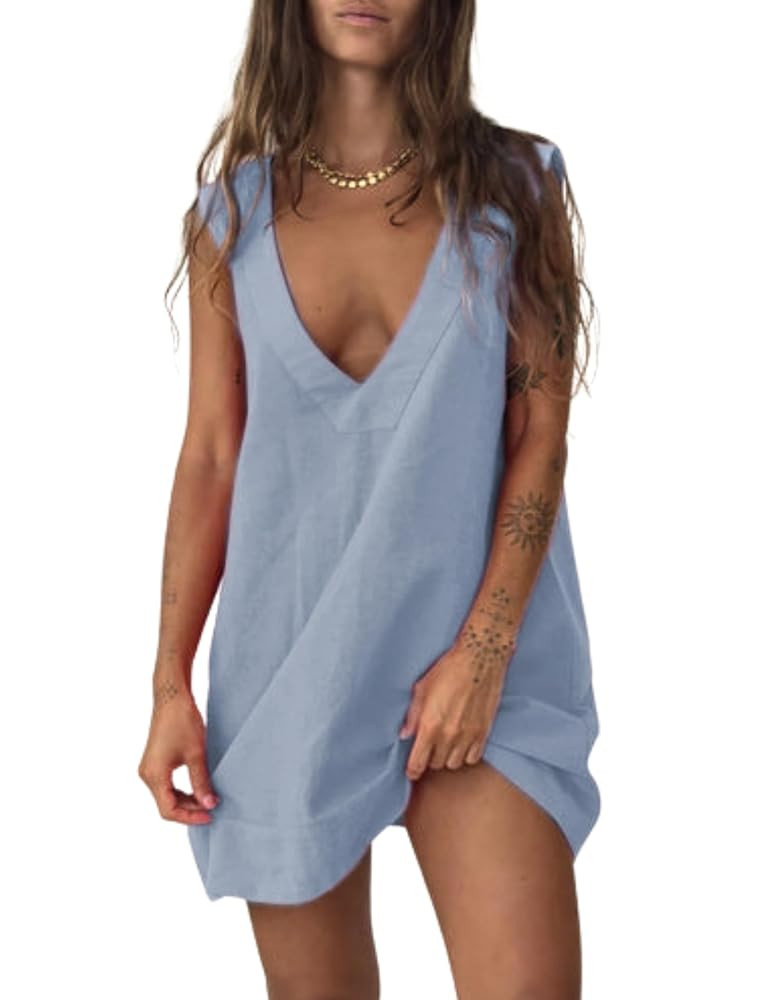 Lviefent Womens Linen Mini Dress Summer Low V Neck Sleeveless Beach Sunshine Cotton Linen Mini Dr... | Amazon (US)