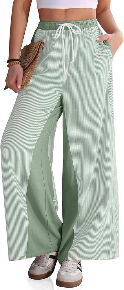 TARSE Women’s Linen Wide Leg Pants Striped Drawstring Elastic Waist Loose Fit Summer Boho Casua... | Amazon (US)