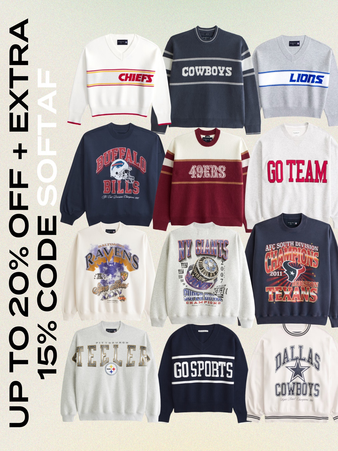 Abercrombie has 20% off sweaters/sweatshirts + extra 15% off w/ code SOFTAF

#LTKParties #LTKSaleAlert #LTKSeasonal