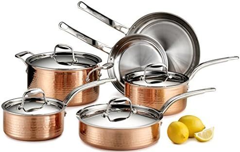 Lagostina Martellata Hammered Copper 18/10 Tri-Ply Stainless Steel Cookware Set, 10-Piece, Copper | Amazon (US)