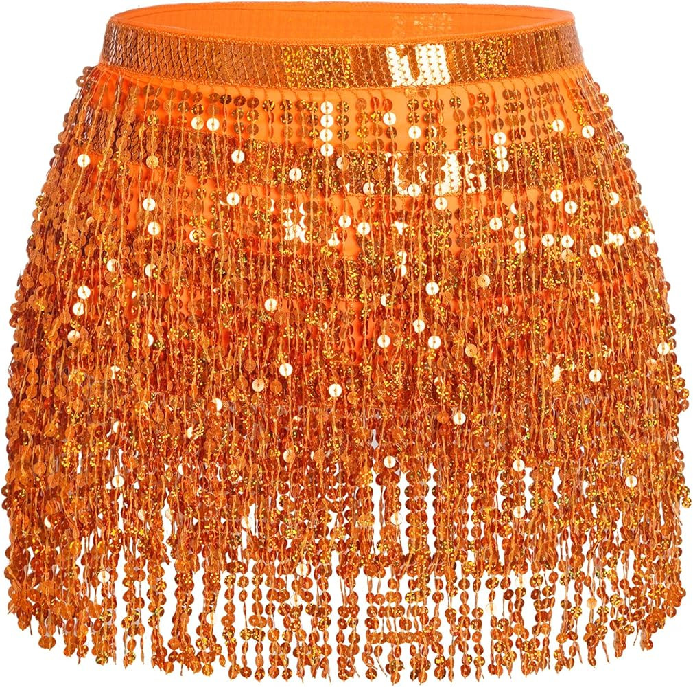 Belly Dance Hip Scarf Sequin Tassel Skirt Wrap Sparkly Rave Costume for Women | Amazon (US)