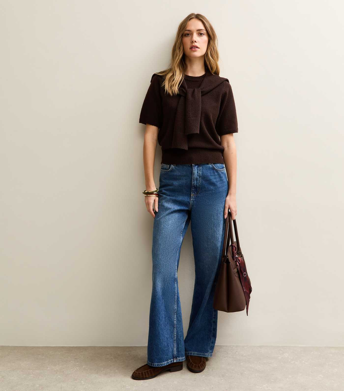 Dark Brown Scarf Tie Short Sleeve Knit Top | New Look | New Look (UK)