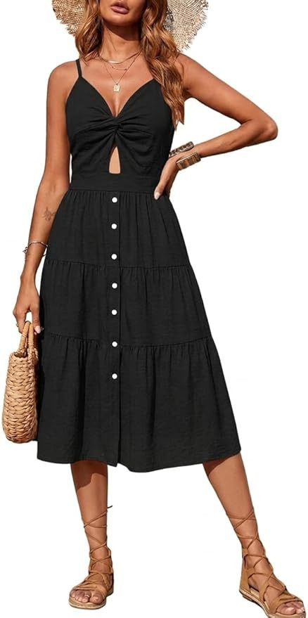 Angashion Women's Dresses-Summer Floral Bohemian Spaghetti Strap Button Down Swing Midi Dress | Amazon (US)