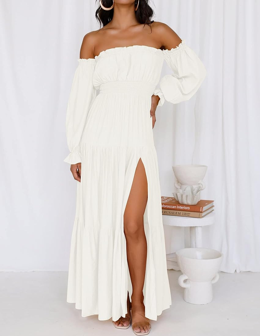 ZESICA Women's 2023 Boho Sexy Off Shoulder Long Sleeve Smocked High Waist Side Split Flowy A Line Ti | Amazon (US)