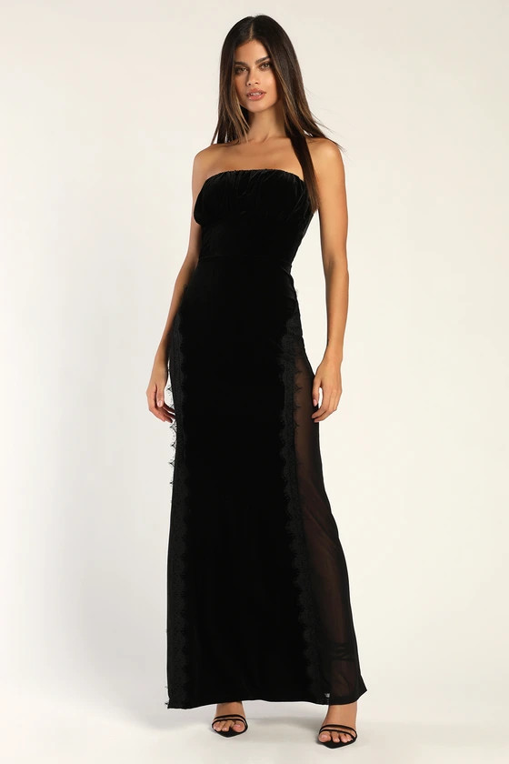 Stole Your Affection Black Velvet Lace Mesh Strapless Maxi Dress | Lulus (US)