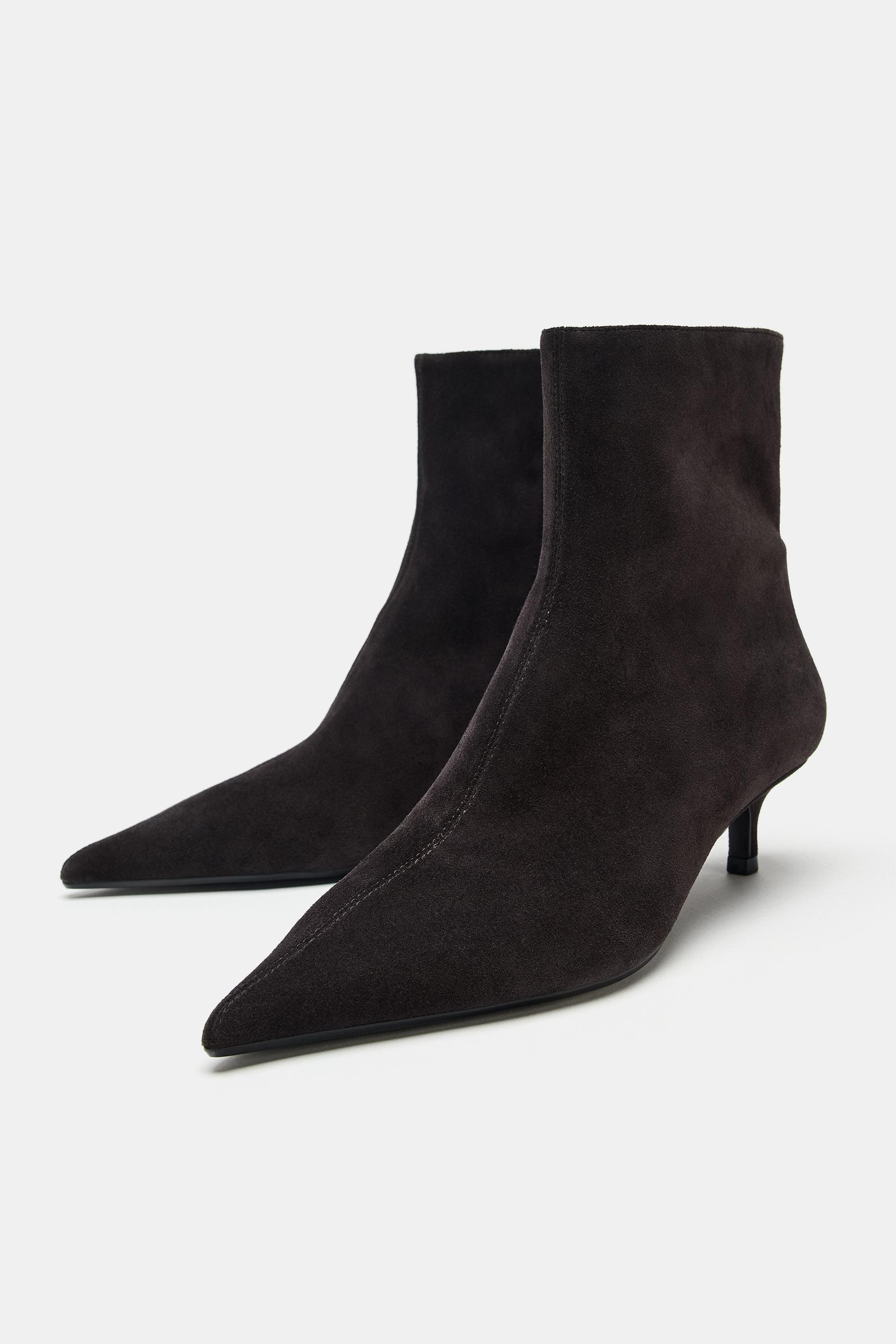 Zara - Suede Kitten Heel Booties - Chocolate Brown - 10 - Woman | Zara US