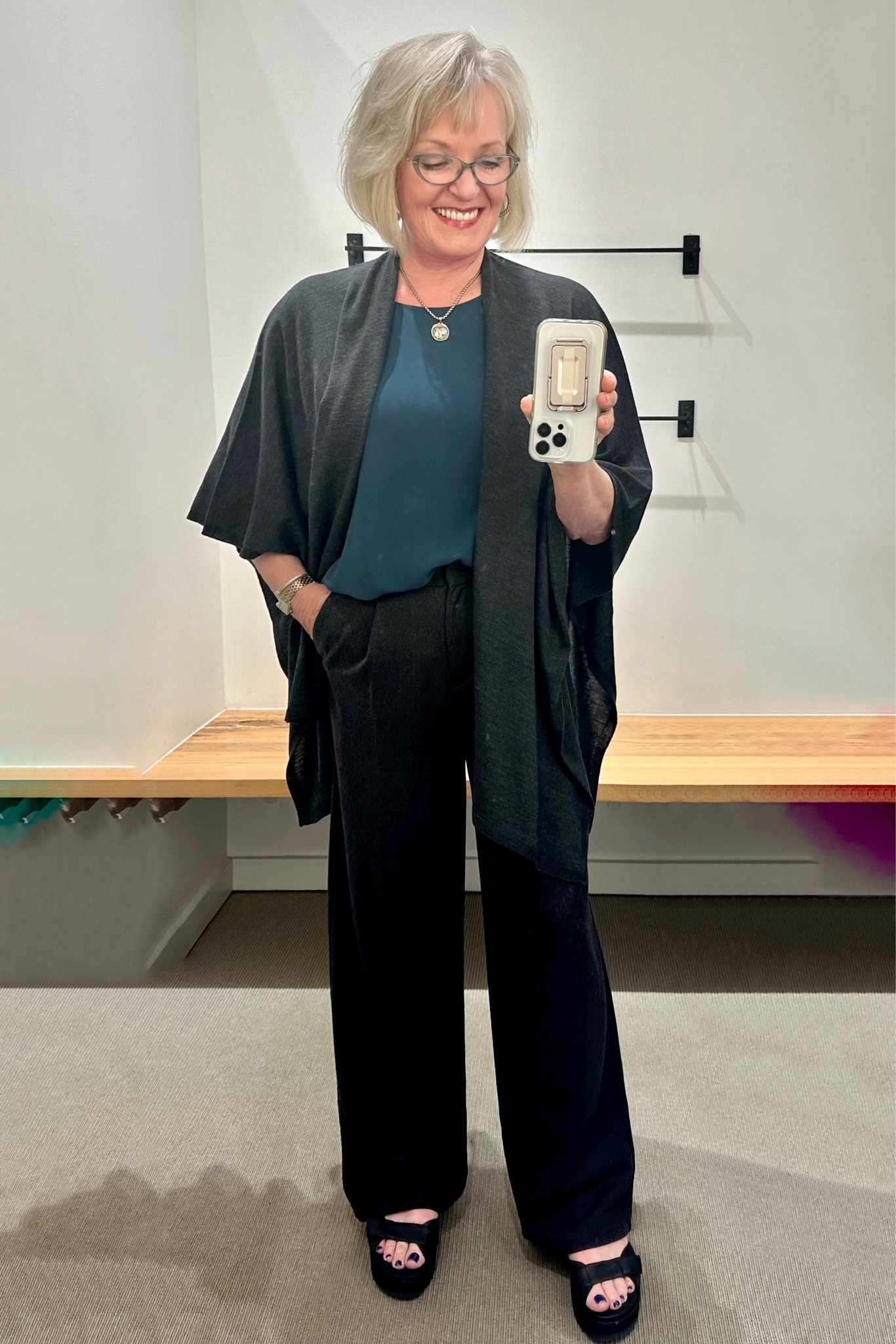 Teal and charcoal are a fabulous cool-based color combo for fall. 
These Eileen Fisher soft flannel trousers fit like a dream and the poncho is super soft. 
#outfutinspo #fallstyle #widelegtrousers #styleover50 quieteluxury


#LTKstyletip #LTKBacktoSchool #LTKSeasonal