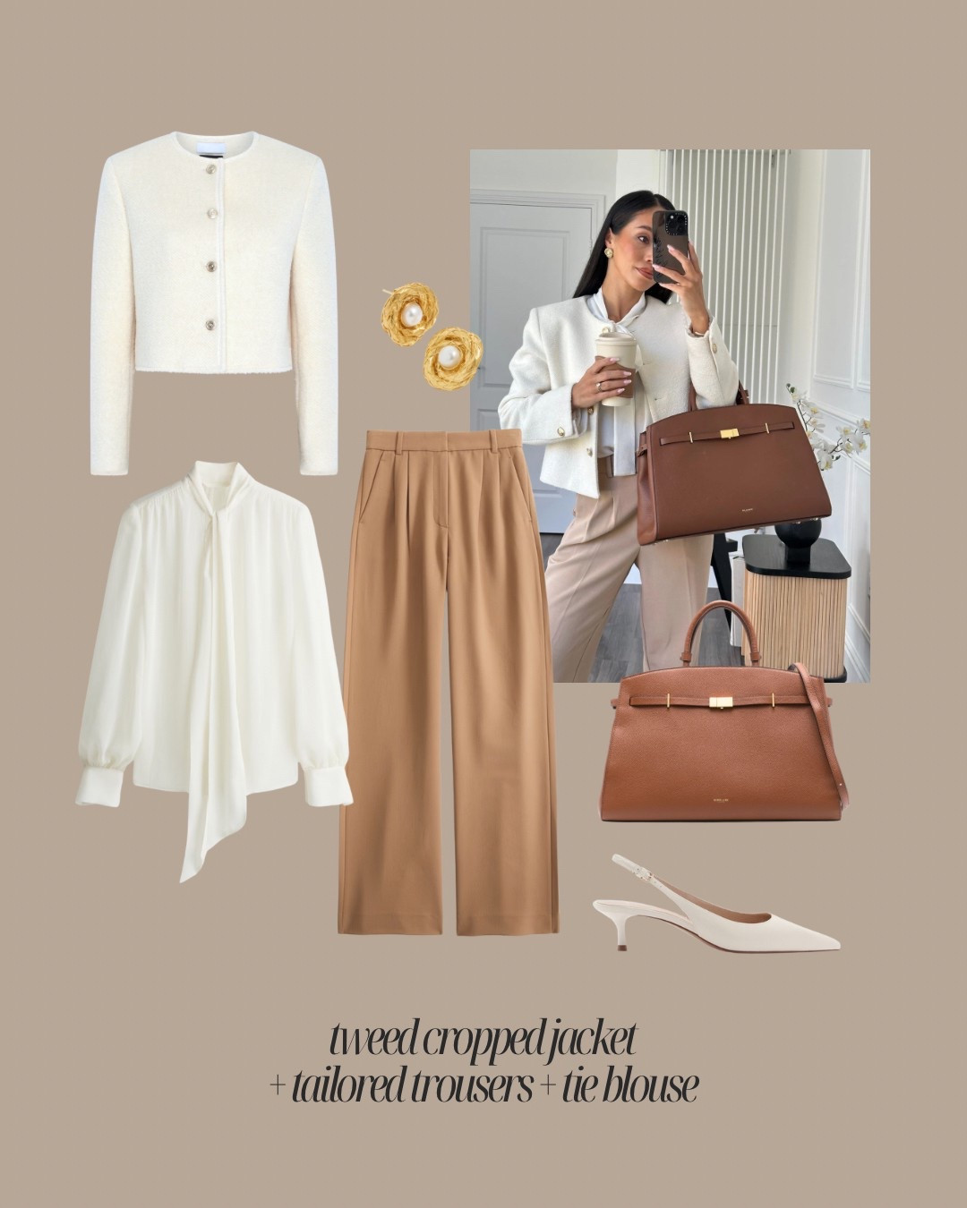 Workwear outfit for spring, Marcela ivory tweed cropped jacket, Lilysilk tie blouse, Abercrombie beige tailored trousers, DeMellier brown bag, Mango white slingbacks and Soru gold pearl earrings 

 

#LTKAprilSpotlight #LTKspring #LTKworkwear