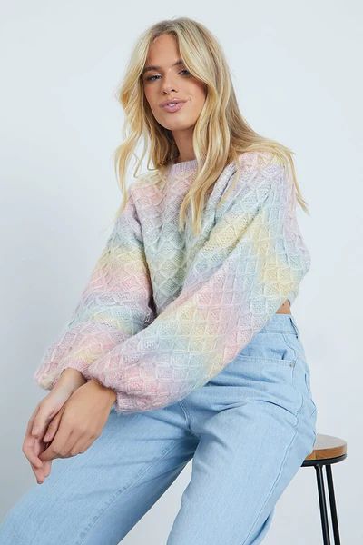 Multi Balloon Sleeve Cropped Rainbow Knit Jumper | ISAWITFIRST UK