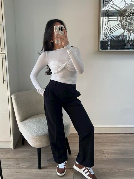 White top, transitional outfit, petite trousers, asos, adidas campus trainers in brown, smart casual outfit, worn outfit, tailored trousers, sheer top, H&M, asos 

#LTKstyletip #LTKeurope #LTKSeasonal