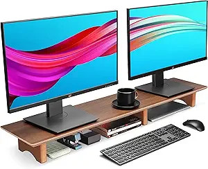 Aothia Large Dual Monitor Stand Riser, Solid Wood Desk Shelf with Eco Cork Legs for Laptop Comput... | Amazon (US)