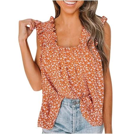 Women S Fashion Hoodies & Sweatshirts Cute Crop Tops For Casual Summer Orange Top Floral Blouse Squa | Walmart (US)