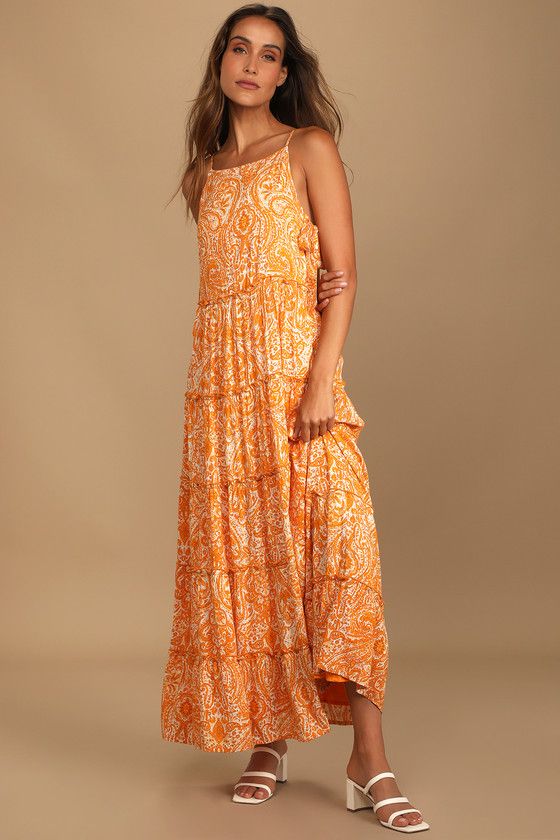 Sweetest Summer Orange Paisley Print Tie-Side Tiered Maxi Dress | Lulus (US)