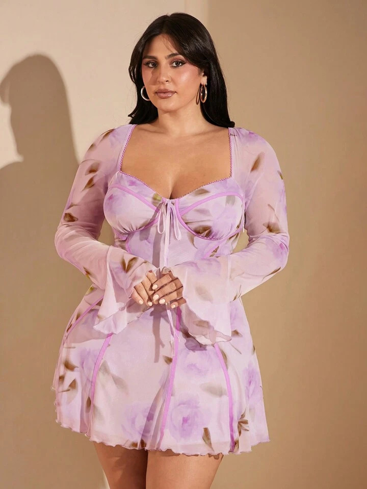 SHEIN BAE Curve Plus Size Romantic Large Floral Mesh Print Color Block Waisted Ruffle Hem Trumpet... | SHEIN