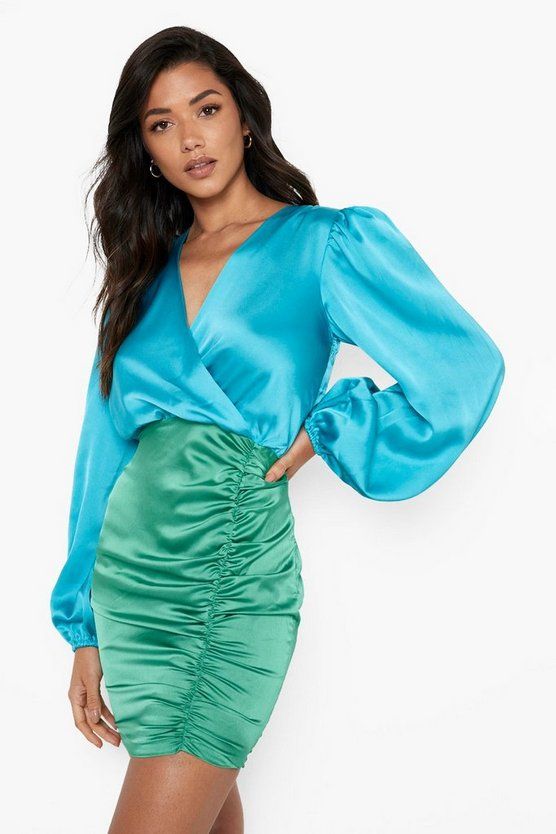 Satin Colour Block Wrap Ruched Mini Dress | Boohoo.com (US & CA)