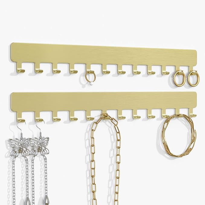 Necklace Holder - Hanging Jewelry Organizer, Self-Adhesive, Wall Mount, 2 PCS, Gold | Amazon (US)