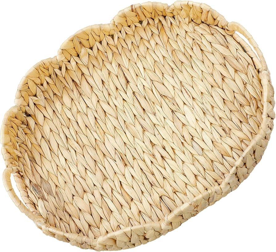 16.5'' Wicker Scalloped Tray,Rattan Serving Trays with Handles,Water Hyacinth Basket for Decorati... | Amazon (US)