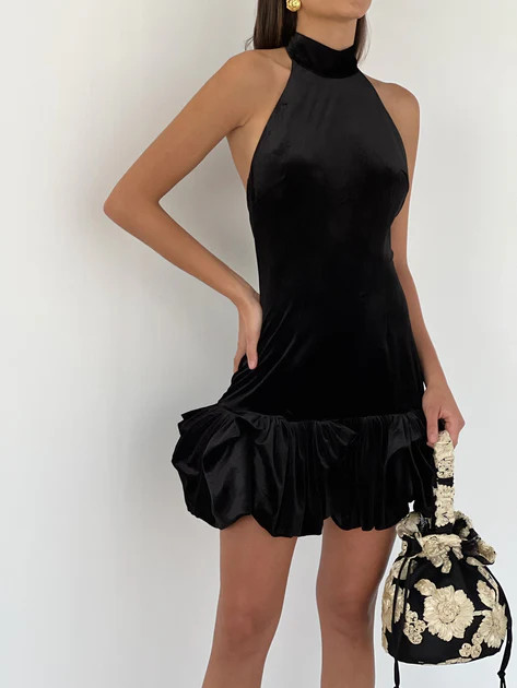 Melanie Plush Halter Mini Dress | Black | Vita Grace