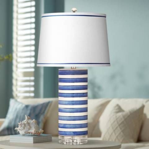 Regatta Stripe Blue and White Cylindrical LED Table Lamp | LampsPlus.com