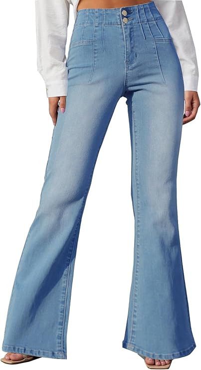 LOLONG Womens High Waisted Flare Bell Bottom Jeans Bootcut Casual Denim Pants | Amazon (US)