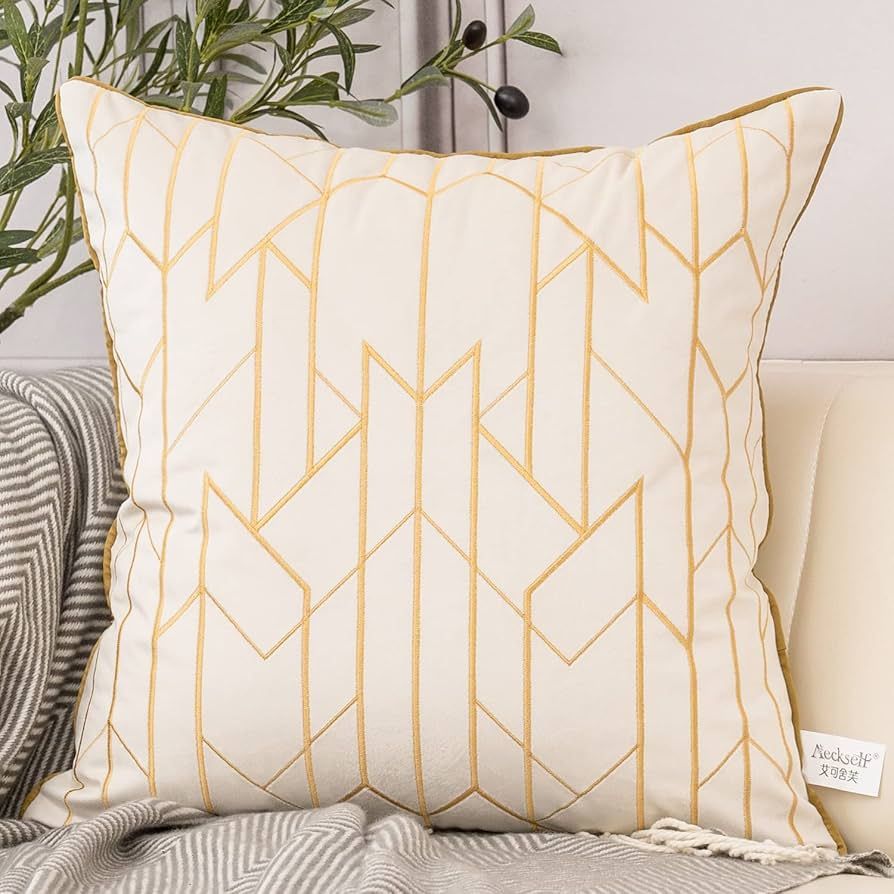 Aeckself 18 x 18 Inch Luxury White Gold Plaid Geometric Lines Embroidery Velvet Cushion Case Luxu... | Amazon (US)