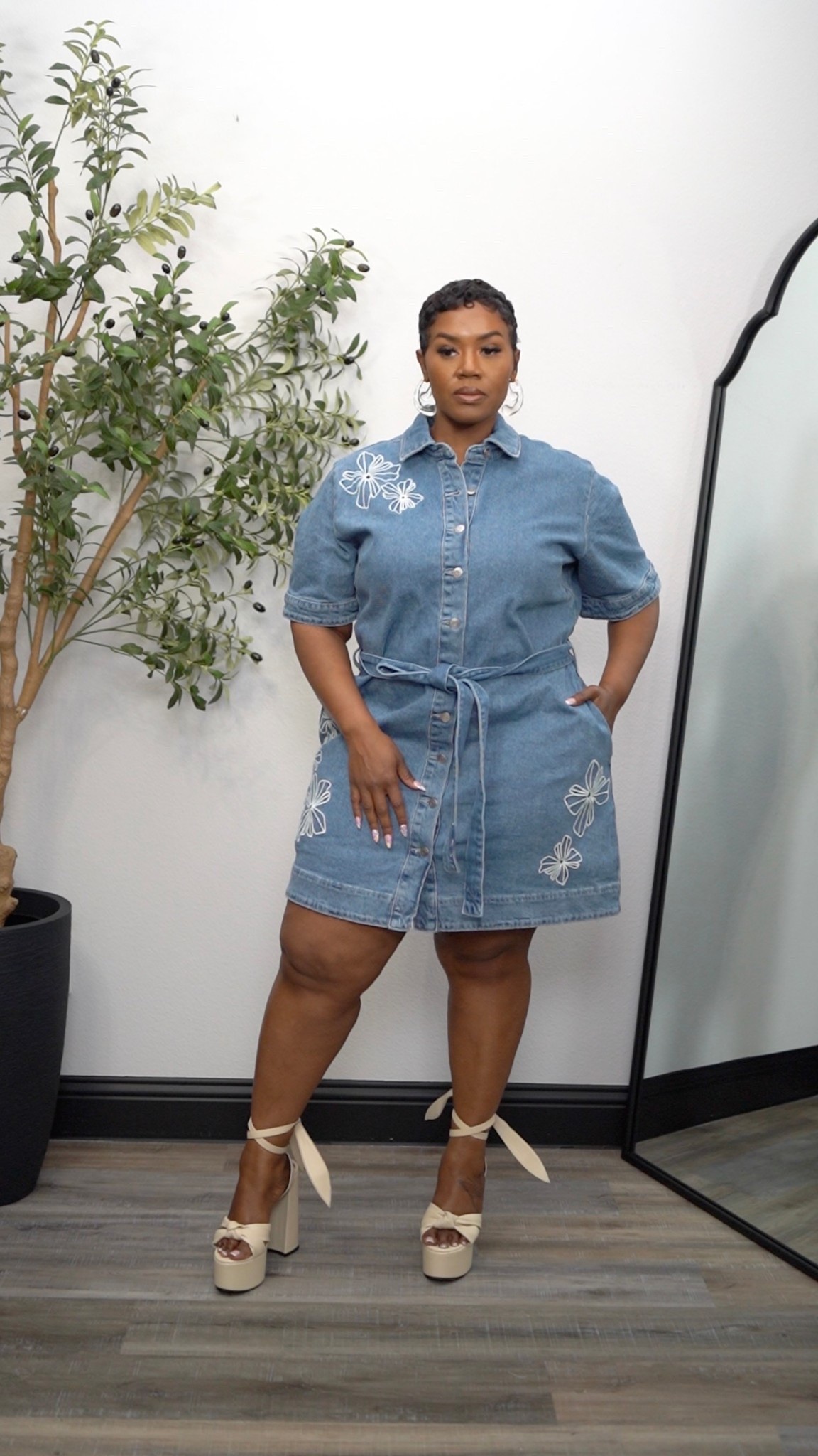 Denim floral embroidered dress from Walmart! Wearing an XL for reference 