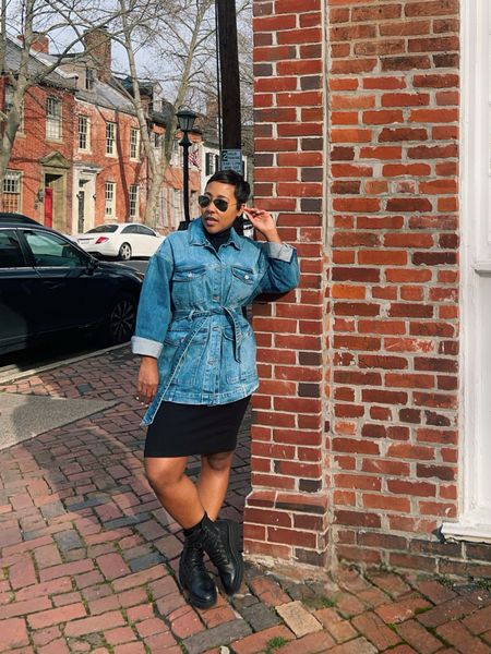Casual day outfit in denim jacket black ribbed sweater dress black combat boots 

#LTKSeasonal