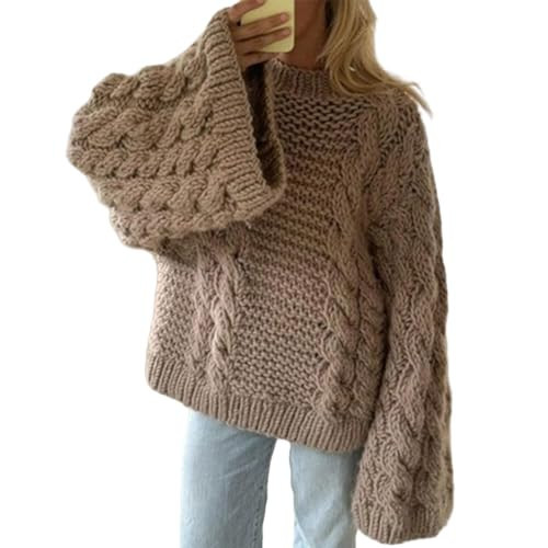 Unybwonn Women Oversized Chunky Cable Knit Sweater Loose Long Sleeves Crewneck Pullover Sweaters Slouchy Y2k Knit Tops Brown | Amazon (US)