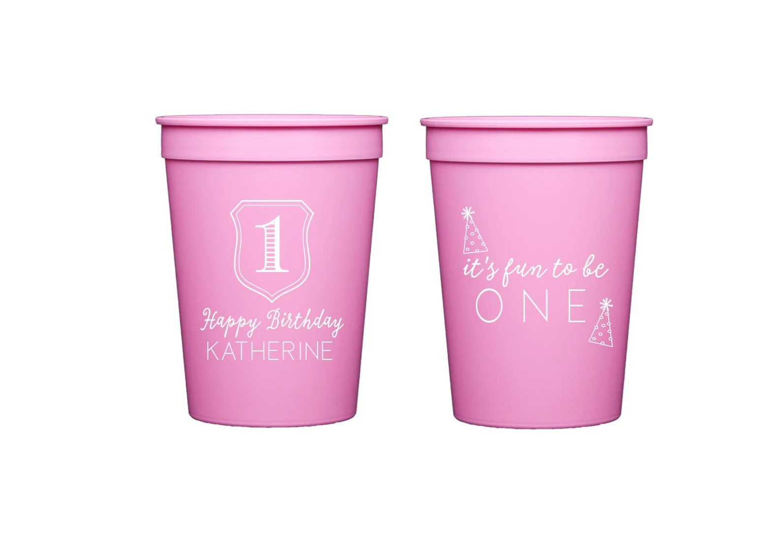 First Birthday Cups, It's Fun to Be One, Kids Birthday Cups, Pink First Birthday Decor, First Bir... | Etsy (US)