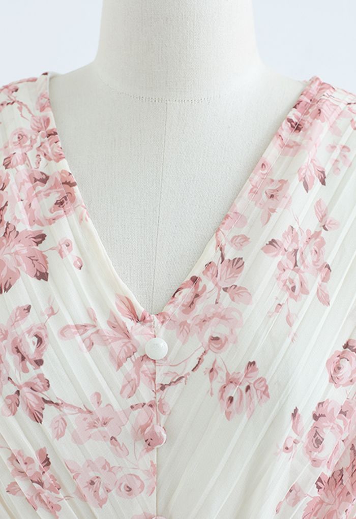 Floral Ruffle Trim Pleated Midi Dress in Cream | Chicwish