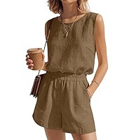 Ficerd Womens 2 Piece Summer Outfits Linen Short Sets Round Neck Sleeveless Tank Top Elastic High... | Amazon (US)