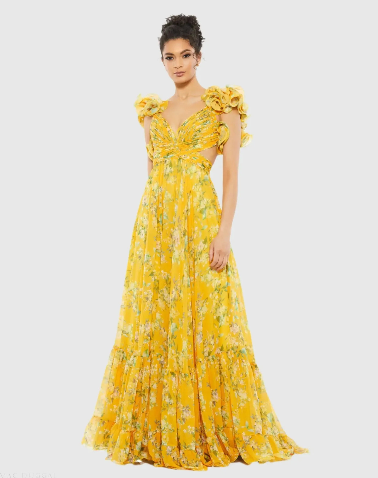 Yellow Ruffle Tiered Floral Cut-Out Chiffon Gown - Mac Duggal | Mac Duggal