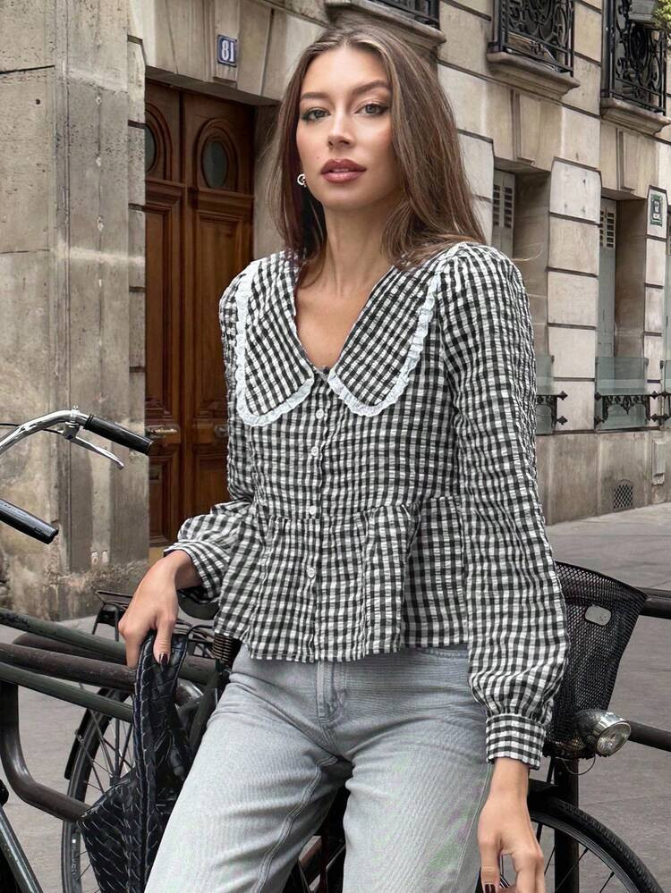 Pariaura French Style Plaid Peter Pan Collar Patchwork Ruffle Women Shirt | SHEIN