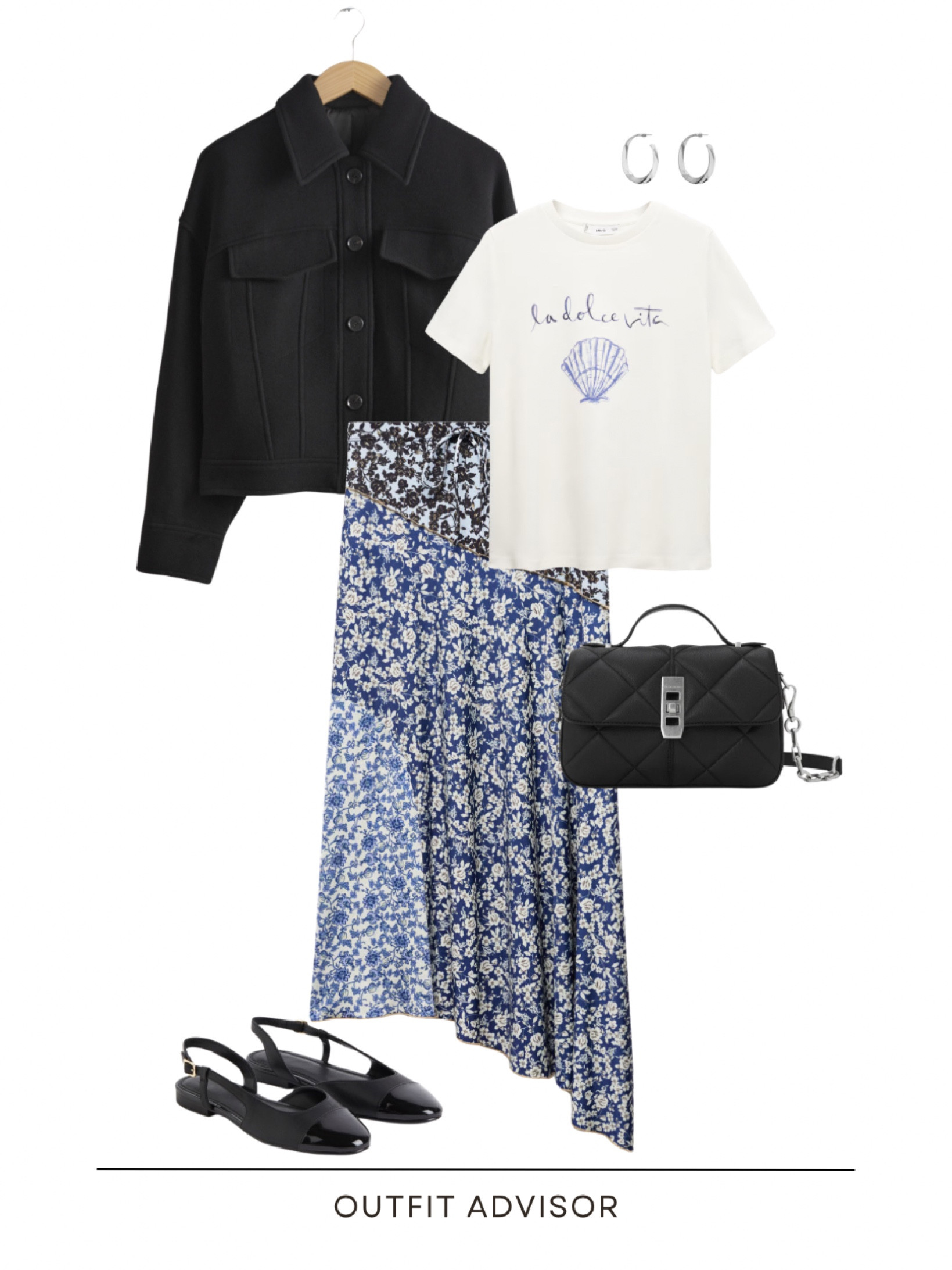 Casual spring outfit inspo: a black jacket, graphic tee, floral modi skirtc black flats, crossbody bag and silver earrings 

#LTKstyletip #LTKtravel #LTKitbag
