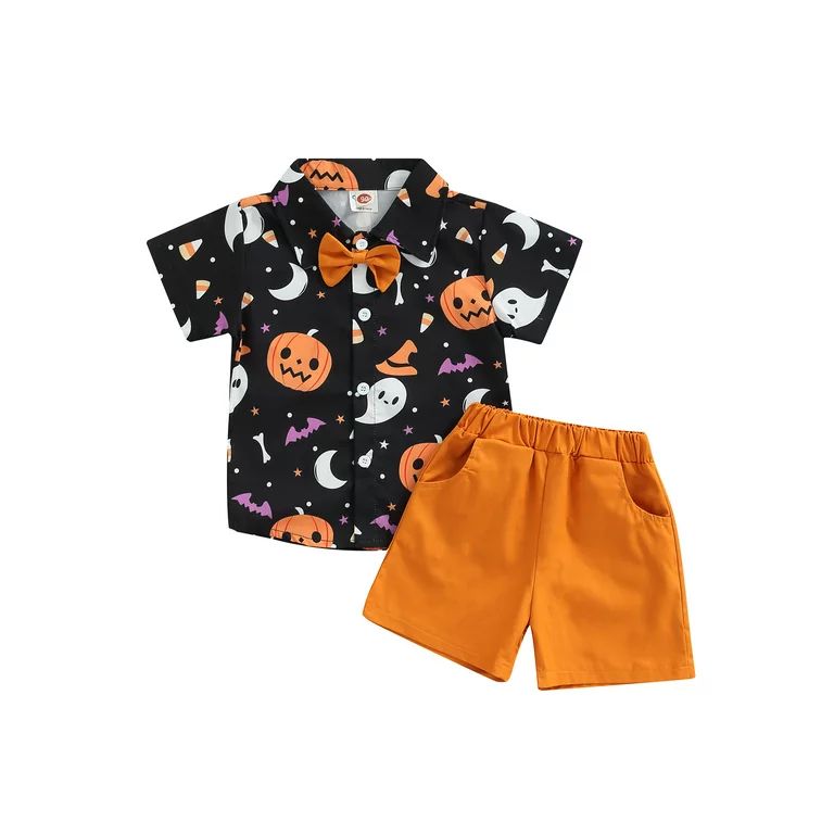 jaweiw Kids Boys Halloween Shorts Outfits Set, Short Sleeve Ghost/Pumpkin Print Shirt + Elastic W... | Walmart (US)