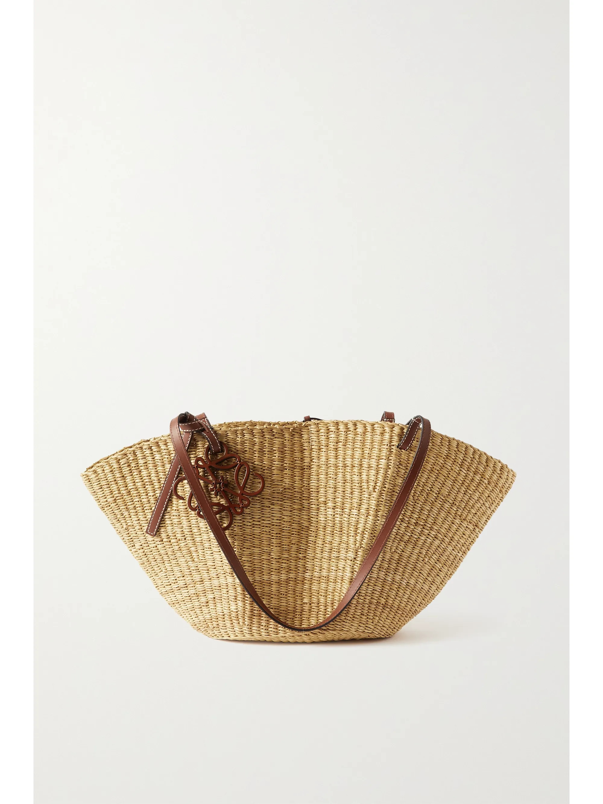 Tan Shell leather-trimmed woven raffia tote  | Loewe | NET-A-PORTER | NET-A-PORTER (UK & EU)