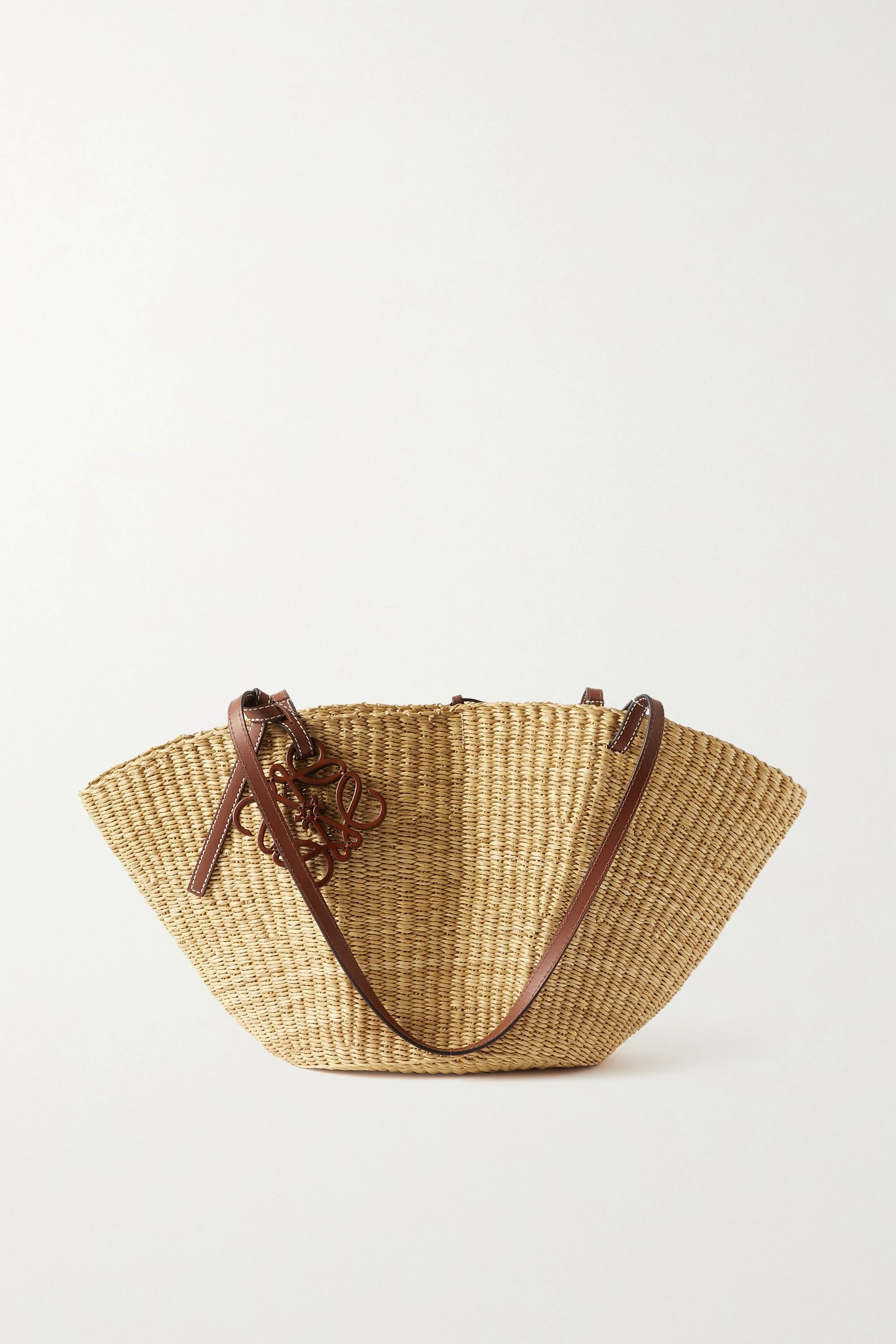 Tan Shell leather-trimmed woven raffia tote  | Loewe | NET-A-PORTER | NET-A-PORTER (UK & EU)