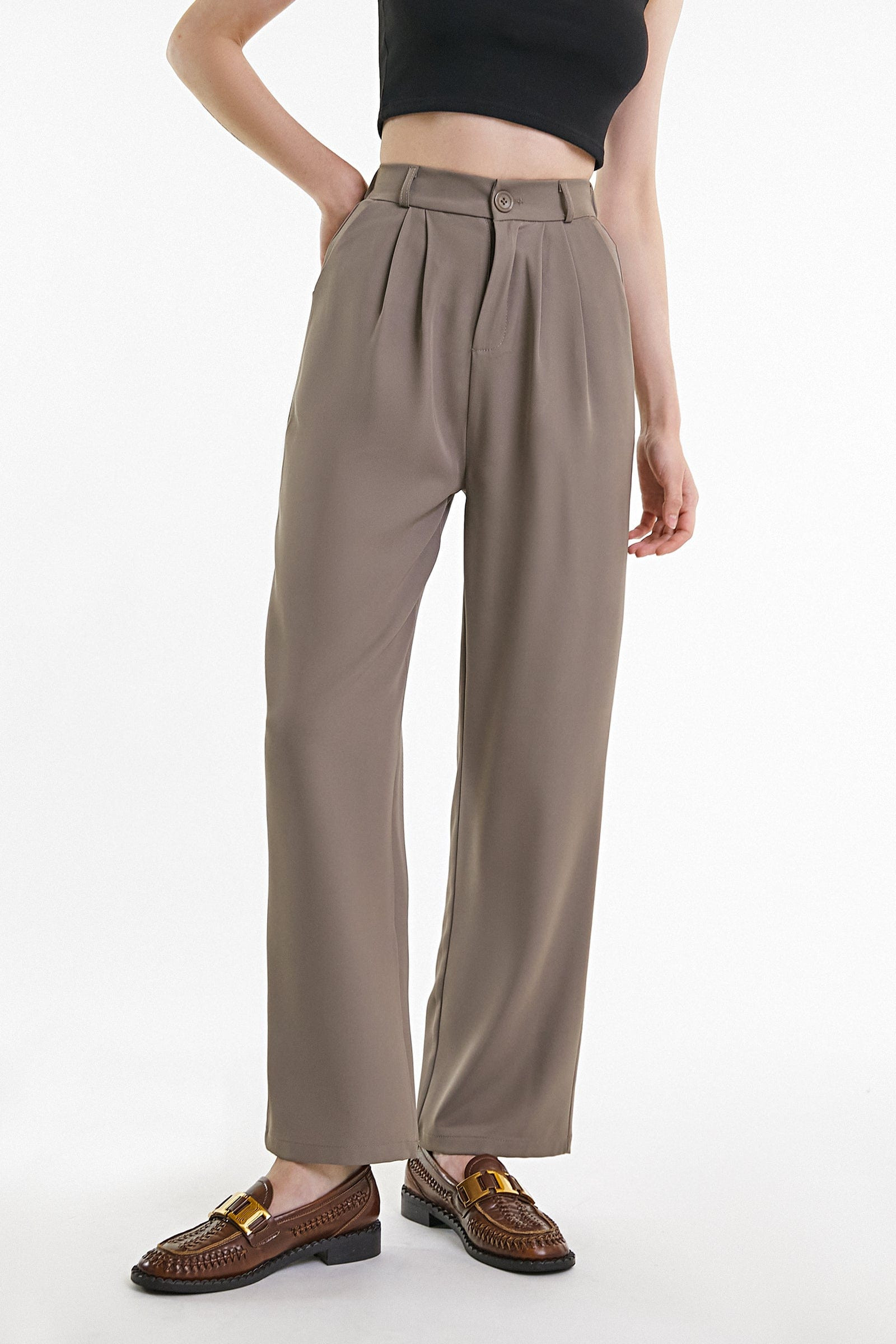 Tan Half Elastic Pleat Detail Wide Leg Suit Pants | J.ING