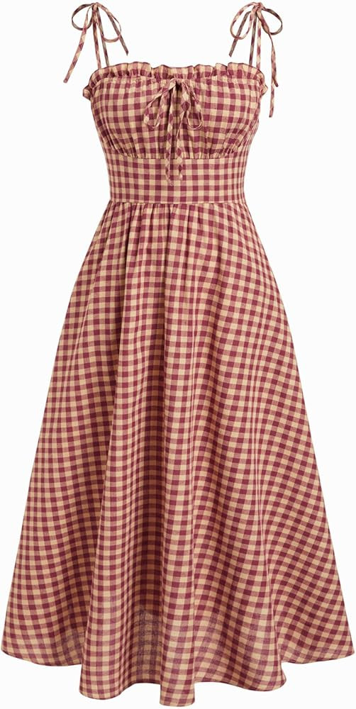 CIDER Women's Gingham Maxi Dresses Bow Tie Square Neck Plaid Milkmaid Dress with Pockets Summer L... | Amazon (US)
