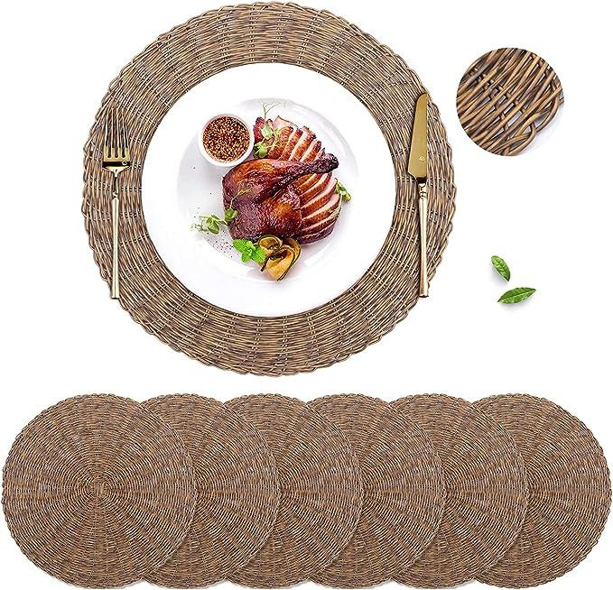 GFWARE Woven Placemat Round 15in Brown Set of 6 Natrural Wicker Charger Heat Resistant Rattan Pla... | Amazon (US)