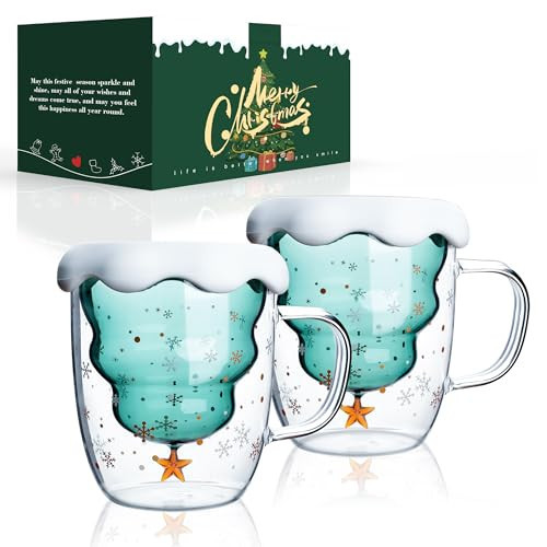 LIBWYS 2 Pack Christmas Mugs, Double Walled Borosilicate Christmas mug set with Snowflake Lid, Cute Mugs for Hot Cocoa and Coffee, 300ml Christmas tree mugs Christmas Gift for Family, Friend | Amazon (US)