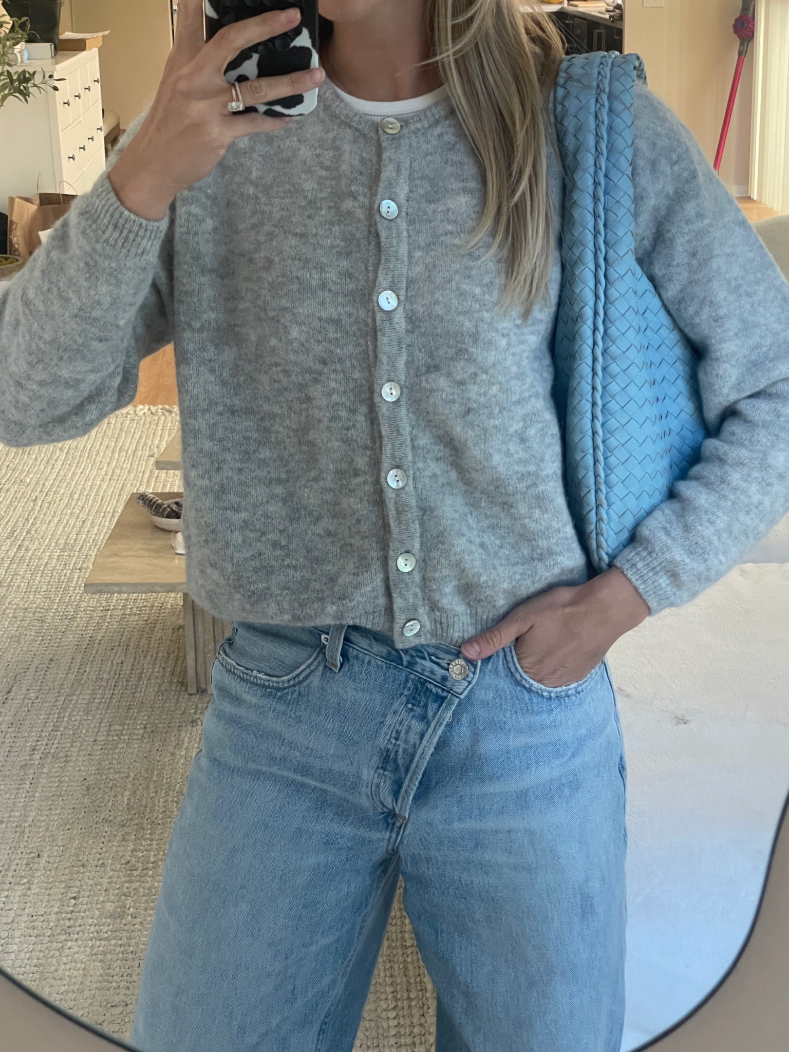 The coziest cardigan 🩵 
#style #ootd #summerstyle #french #agolde #americanvintage #bottegaveneta 

#LTKStyleTip