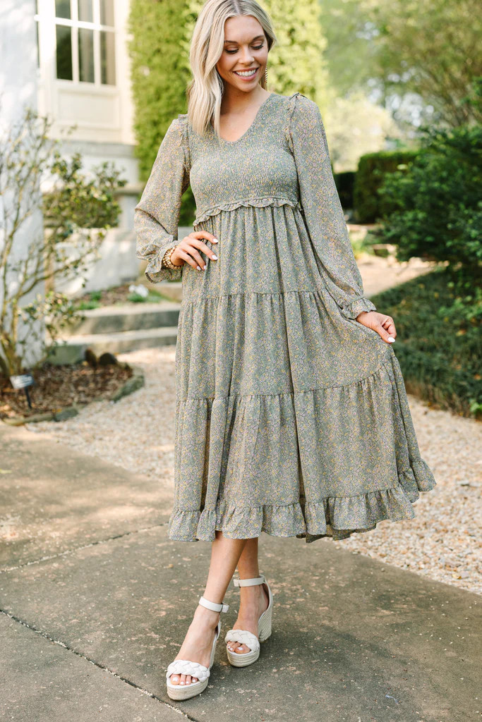 Out In The World Dark Sage Green Ditsy Floral Midi Dress | The Mint Julep Boutique