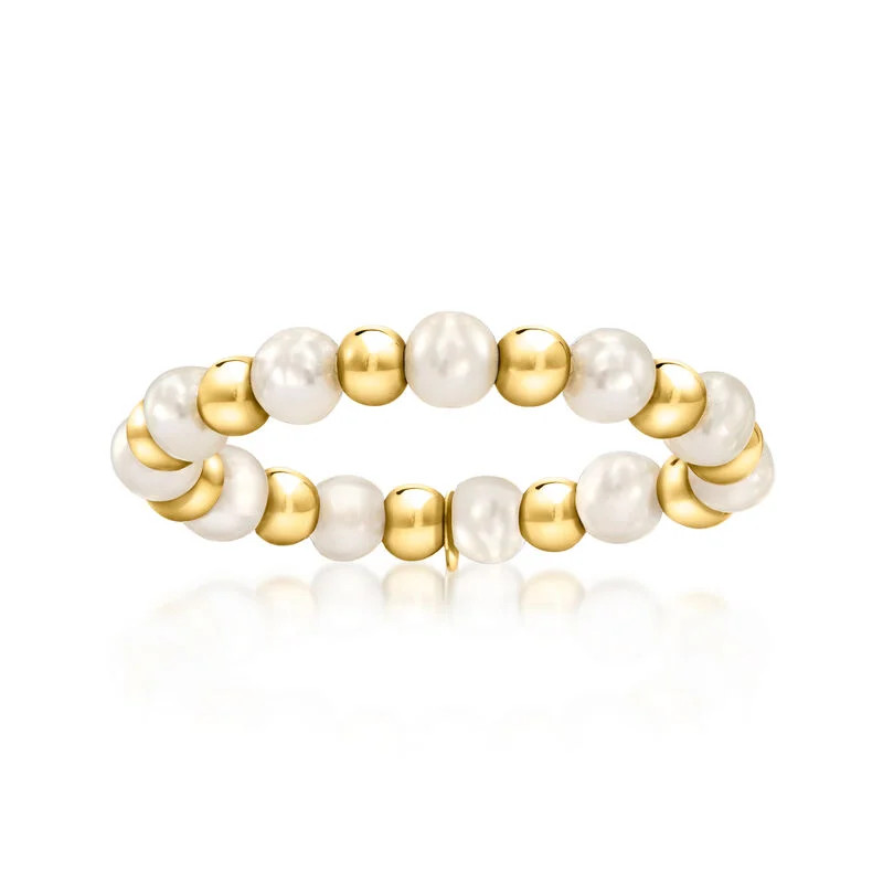 3-3.5mm Cultured Pearl and 14kt Yellow Gold Bead Stretch Ring | Ross-Simons
