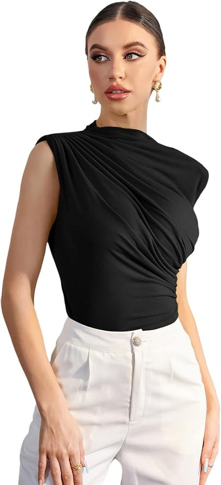 Milumia Women Elegant Ruched Padded Shoulder Work Mock Neck Tank Tops Sleeveless Blouses | Amazon (US)