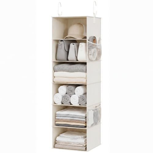 StorageWorks 6-Shelf Hanging Closet Organizer, Hanging Shelves for Closet, Fabric, Mixing of Beige, White & Ivory, 12" D x 12" W x 47 1⁄2" H | Amazon (US)