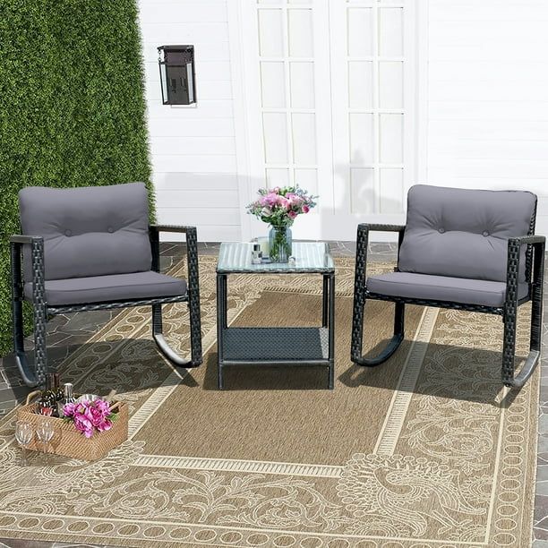 Costway 3PCS Patio Rattan Furniture Set Rocking Chairs Cushioned Sofa Gray | Walmart (US)