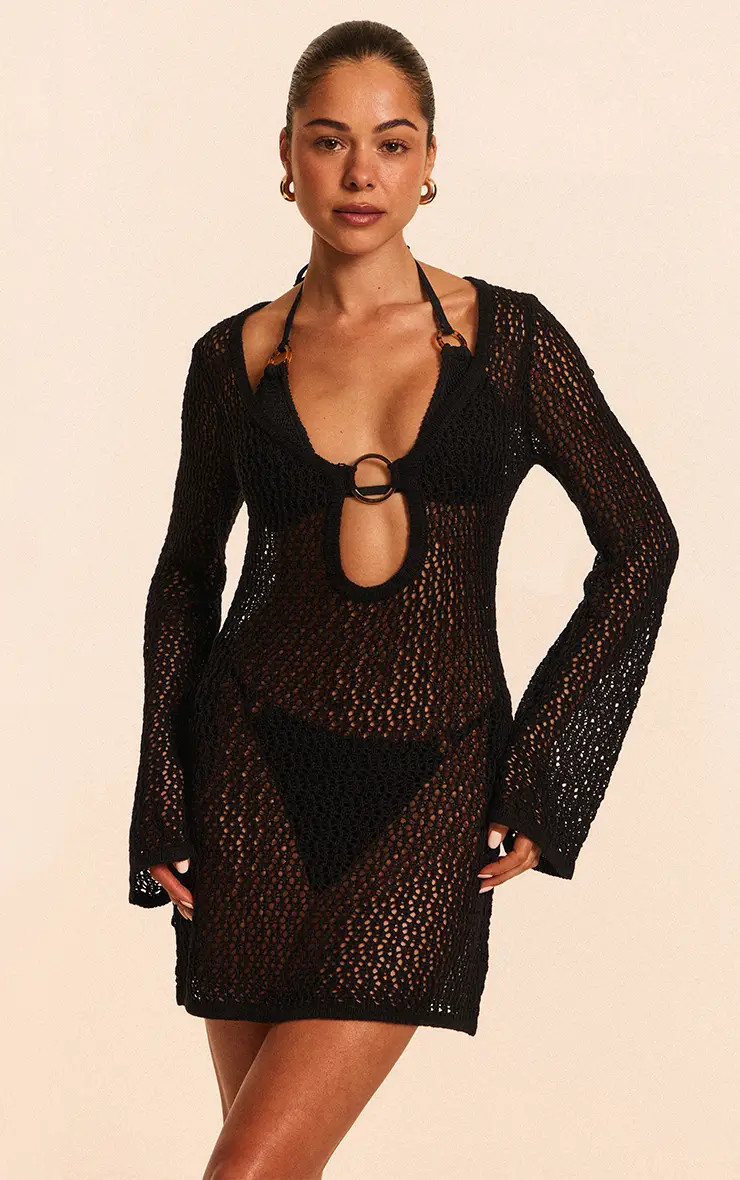 Black Crochet O Ring Mini Beach Dress | PrettyLittleThing UK