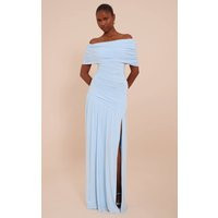 Blue Double Layer Slinky Bardot One Shoulder Ruched Maxi Dress | PrettyLittleThing UK